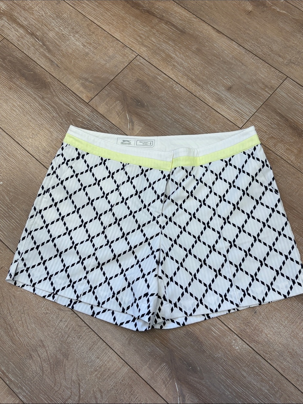 Slazenger White golf shorts with Black Geometric Print and Yellow Waist Trim